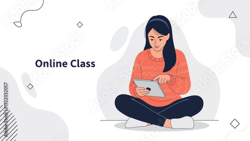 Young Woman Learning Online with Tablet and Headphones, Modern Education Concept