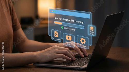 Obraz na plátně New hire onboarding journey progress bar on futuristic holographic interface wit