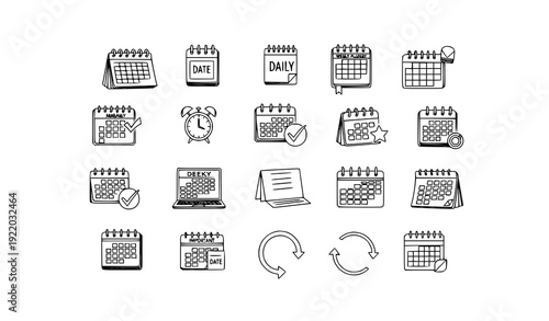 Hand Drawn Calendar Vector Icons Set Planner, Dates, and Scheduling Sketch Collection