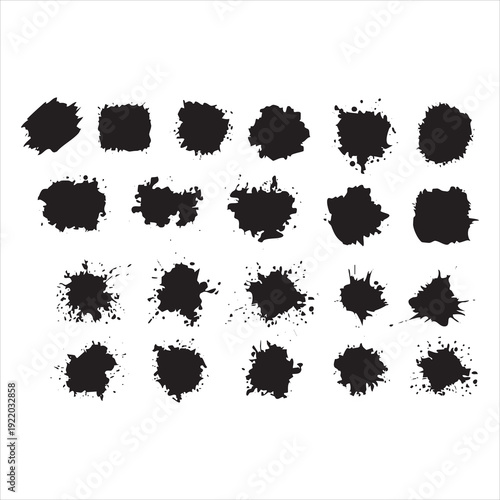  Paint ink splatter, stains set. Splash of paints with drops. High level of tracing and many details. Illustration splash and drip design, silhouette blob spray collection. Adobe Illustrator Artwork