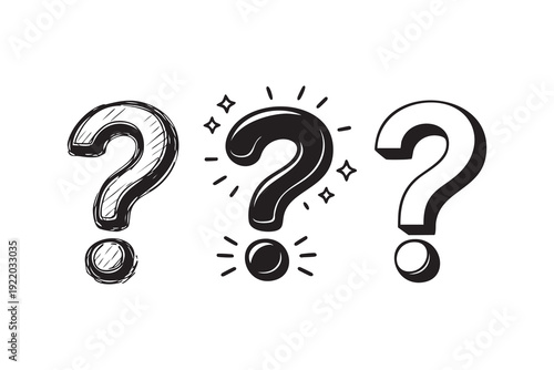 Web. Set of question marks in different styles. Vector black and white illustration. Signs and symbols. Icon collection. Hand drawn. Art. 3D