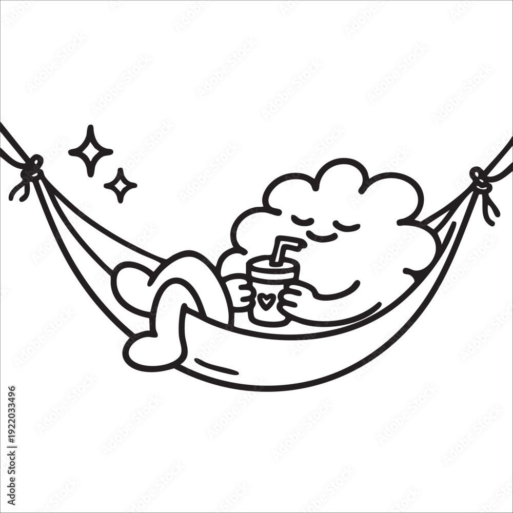 Fototapeta premium Web. vector illustration black and white linear. mascot. cartoon character cloud swings and lies on a hammock swing. resting and drinking a drink.