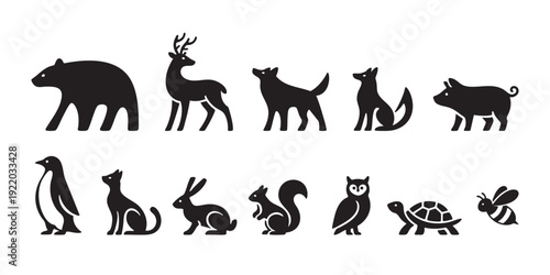 Web, Vector illustration. Set of animal icons. Black and white shadows of animals, such as a bear, fox, and cat. Zoo