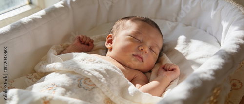 Serene newborn baby sleeping peacefully in a soft white bassinet with warm natural sunlight streaming in. The infant is wrapped in a cozy blanket, capturing a quiet moment of rest and innocence.