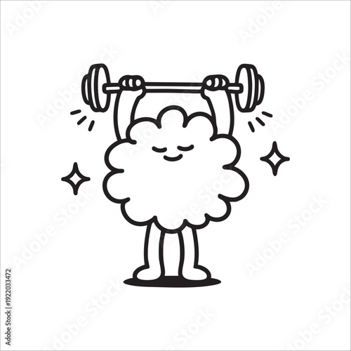 Web. 
Vector illustration with lines. comic. sketch. cute cartoon character mascot cloud lifts barbell up. sport and gym