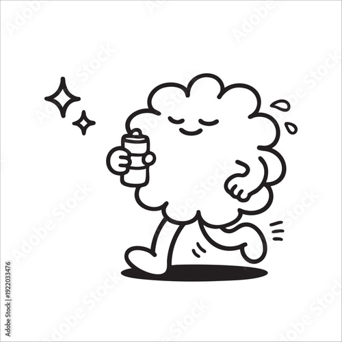 Web. vector illustration of lines. comic. sketch. cute cartoon character mascot cloud on a jog. running with a bottle of water. sport