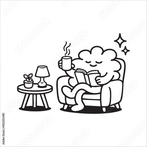 Web. Vector illustration with lines. comic. sketch. cute cartoon character mascot cloud or bubble sitting on a chair, reading a book and drinking tea. relaxing in the living room