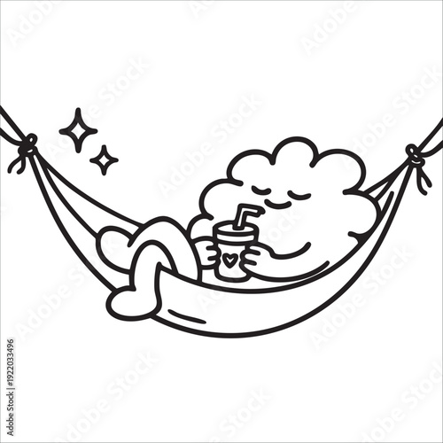 Web. vector illustration black and white linear. mascot. cartoon character cloud swings and lies on a hammock swing. resting and drinking a drink.