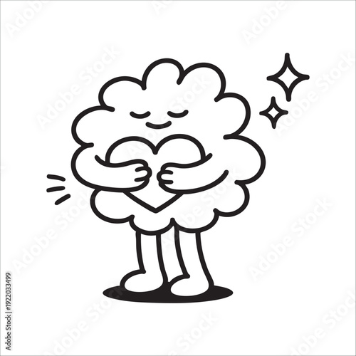 Web, vector illustration black and white linear. mascot. cartoon character cloud holding a heart in his hands with closed eyes. star