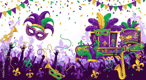 Mardi gras celebration with purple green and gold decorations confetti and festive crowd