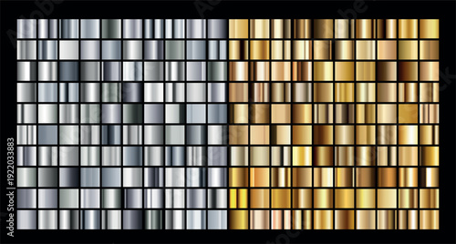 Gold, silver gradient, pattern, template. A set of colors for design, a collection of high-quality gradients. Metallic textures, shiny background. Pure metal. Suitable for text, layout, banner, ribbon