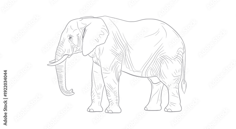 Fototapeta premium Outline drawing of an African elephant, side view, isolated on white background
