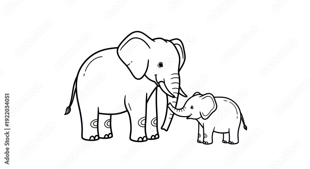 Fototapeta premium Adorable mother and baby elephant line art, gentle interaction, black and white illustration