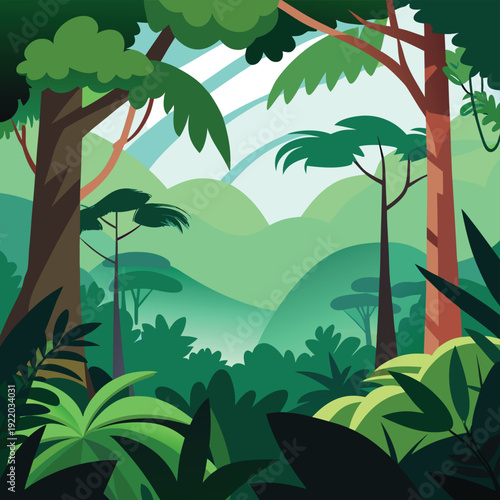 Lush, vibrant rainforest canopy viewed from above, with dense green foliage and dappled sunlight filtering through, creating a serene and natural atmosphere, vector illustration.