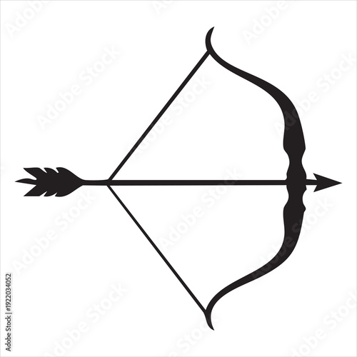 Minimal bow and arrow silhouette icon in black, archery weapon symbol vector illustration isolated on white background Adobe Illustrator Artwork