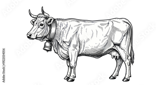 Vintage Dairy Cow with Bell Illustration