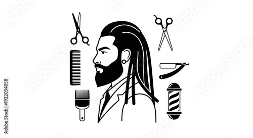 Barber Shop Icons: Man Portrait, Scissors, Comb, Razor, Barber Pole