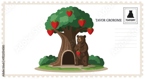 Bear picking strawberries from a tree near its den, whimsical illustration