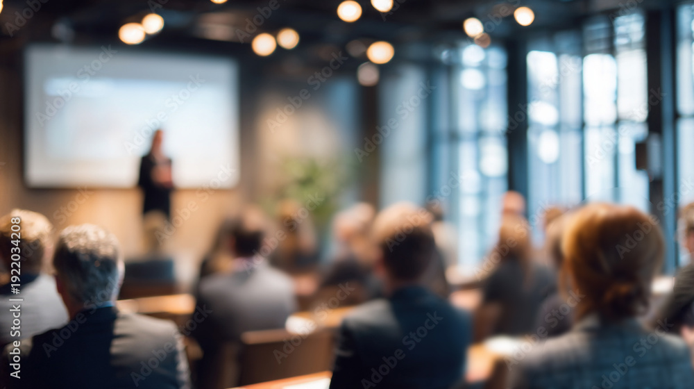 Obraz premium blurred shot from the back of a modern conference room shows the blurred silhouettes of young businesspeople listening to a presentation, with a projector screen visible in front
