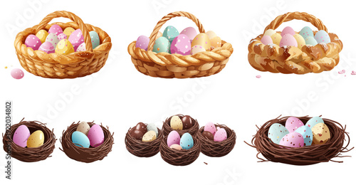 Easter Egg Basket Vector Set – Spring Holiday Illustration Collection with Woven Baskets, Bird Nests, and Pastel Eggs