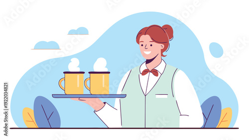 Friendly waitress in a green uniform and red bow tie smiles serving two steaming mugs of coffee on a tray.