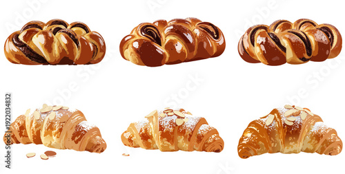 Easter Croissant Pastry Vector Set – Sweet Spring Bakery Illustration Collection with Chocolate and Almond Croissants