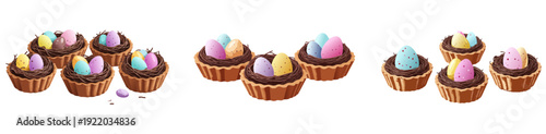 Easter Egg Tart Dessert Vector Set – Cute Spring Pastry Illustration Collection with Chocolate Nests and Colorful Candy Eggs