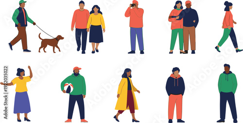 Diverse multicultural people characters set in flat style, casual urban men and women walking standing lifestyle vector illustration