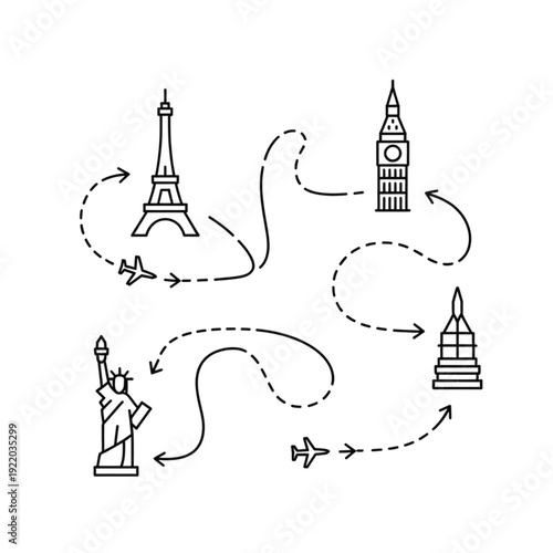 A minimal vector illustration of a travel journey around famous landmarks including Eiffel Tower, Big Ben, Statue of Liberty, and Taj Mahal from a bird's eye view.