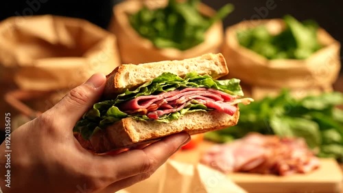 Hand holding a freshly made sandwich.
