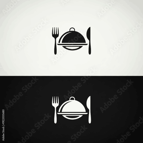 Elegant Dining Icon with Cloche, Fork, and Knife.