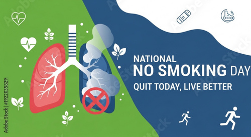 National no smoking day poster with lung cigarette and quit smoking symbols on green background