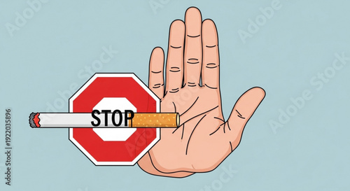 Hand with palm out stopping cigarette at red stop sign background
