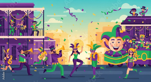 Mardi gras parade with colorful jesters and musicians in purple green and gold