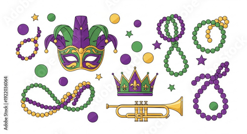 Mardi gras colorful beads mask crown and trumpet on white background