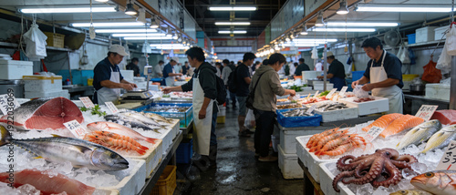 Panel kuchenny z motywem Bustling Traditional Japanese Fish Market Scene with Fresh Seafood on Ice, Featuring Tuna, Salmon, Shrimp, and Octopus, with Vendors and Customers in a Vibrant Indoor Commercial Setting.