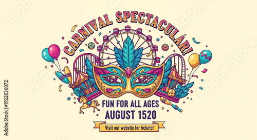 Vibrant carnival poster with mask ferris wheel and balloons for fun event