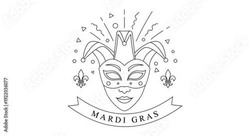 Mardi gras mask with feathers and fleur de lis on white background