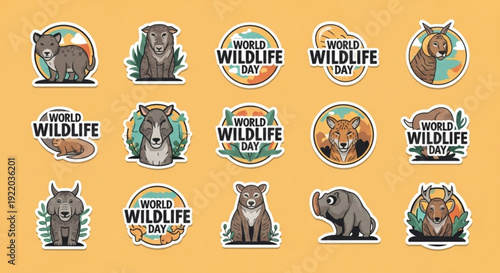 World wildlife day stickers featuring animals and eco awareness on orange background
