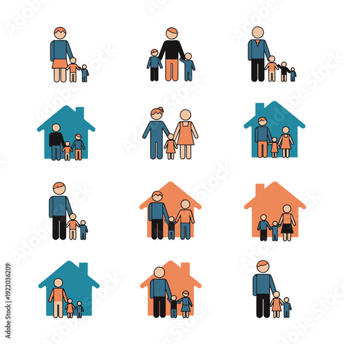 Family icons representing different family structures and households in various settings.