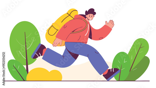 Cheerful young person wearing a red hoodie and yellow backpack runs happily through a green outdoor park.