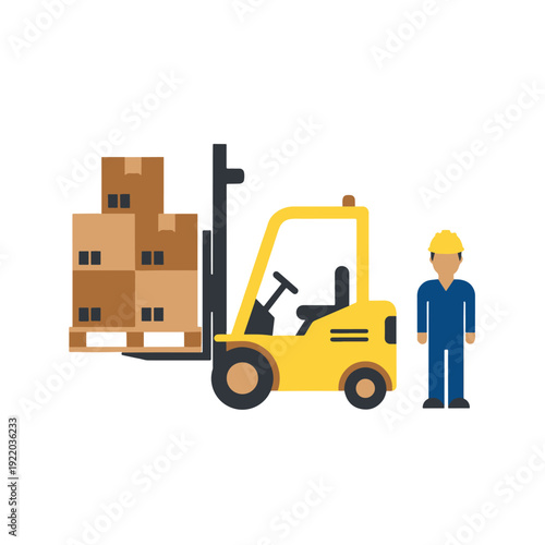 Forklift transporting boxes with a worker standing nearby in a warehouse setting.
