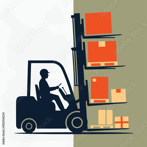 Forklift Operator Silhouette Lifting Boxes in Warehouse Logistics.
