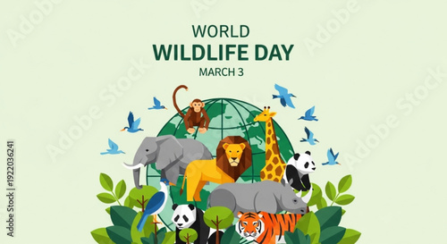 World wildlife day illustration with animals and globe march 3