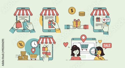Online shopping concept with mobile phones and gift boxes ecommerce illustration.