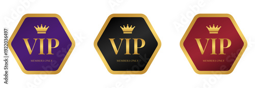 Vip members only badges in gold, purple, black and red for exclusive marketing events