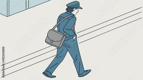 Man in a blue uniform and cap with a gray messenger bag walks on a sidewalk in an urban setting.