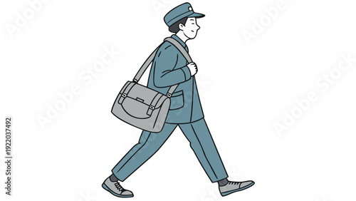 Smiling man in a blue uniform and cap carries a gray messenger bag while walking on a white background.