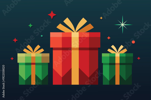 Charming stylized gift boxes in red, gold, and green, lightly dusted with snow, evoking holiday cheer and winter magic for seasonal greetings.