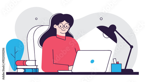 Woman with dark hair, glasses, red sweater works on laptop at desk, books, plant.
